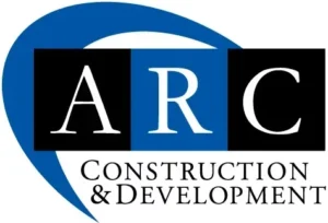 Logo of arc construction & development featuring stylized letters "arc" in black on a white and blue circular background.