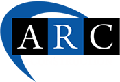 Logo of arc featuring bold uppercase letters "arc" in white and black on a blue background with a stylized white wave below.